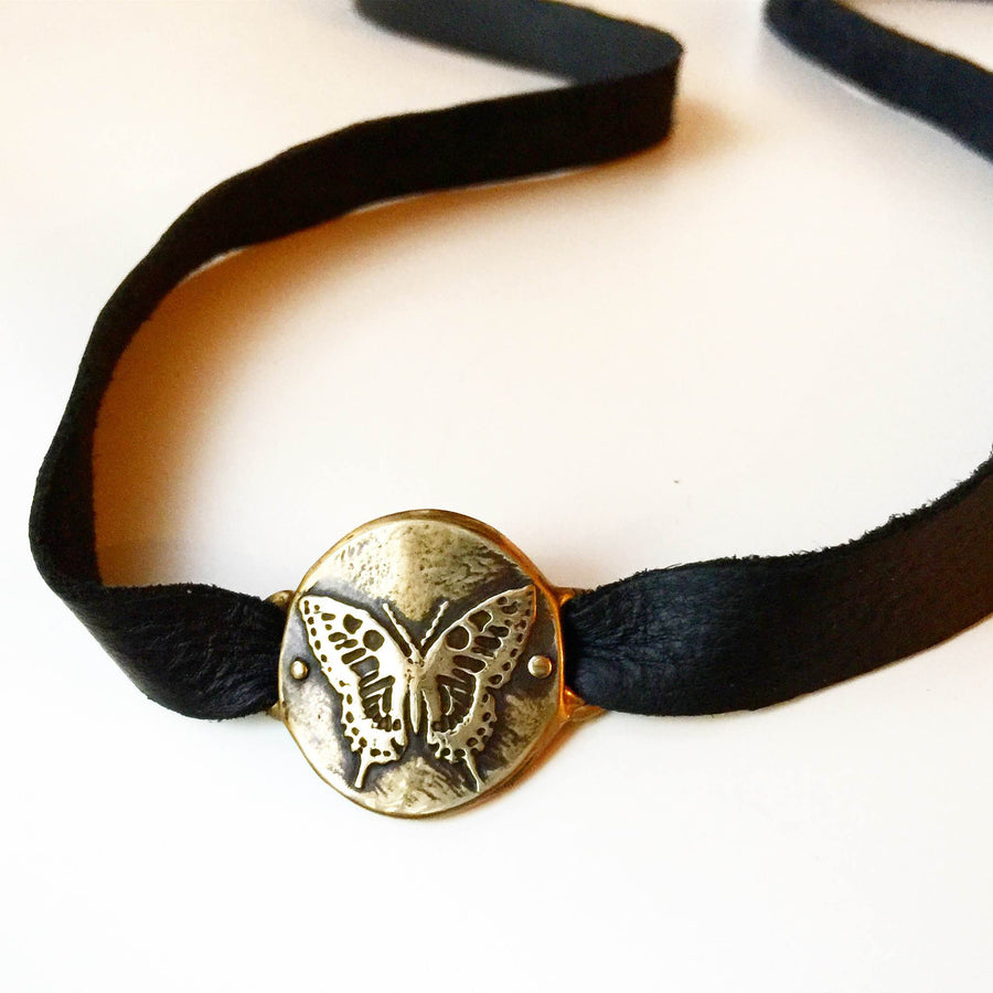 Butterfly Medallion Leather Strap - Choker / Wrap Bracelet - Bronze