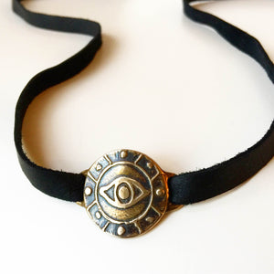 Eye medallion Leather Strap - Choker / Wrap Bracelet - Bronze