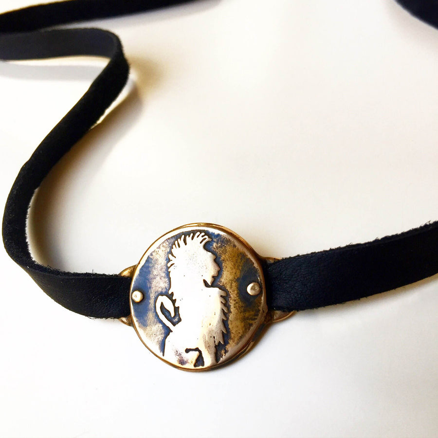 Lion Medallion Leather Strap - Choker / Wrap Bracelet - Bronze