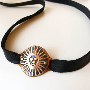 Sun Medallion Leather Strap - Choker / Wrap Bracelet - Bronze