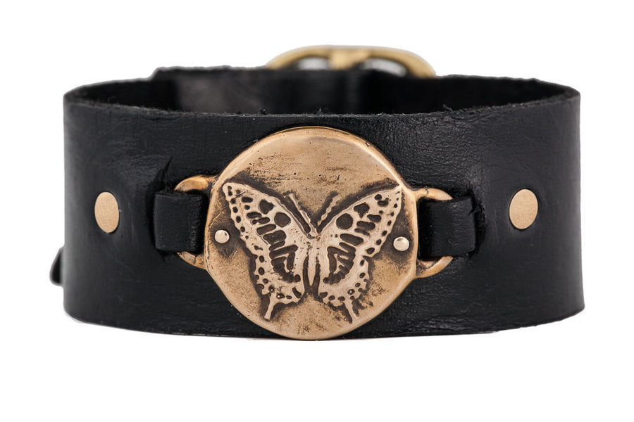 Garden of Faith - Butterfly leather cuff bracelet - bronze